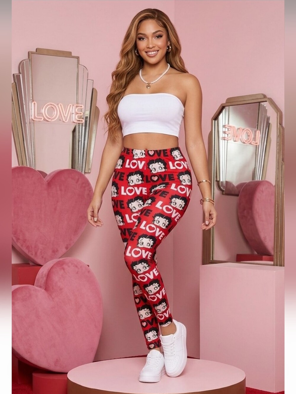 Betty Boop "LOVE" Heart Print Leggings NWT Size XL Red Black